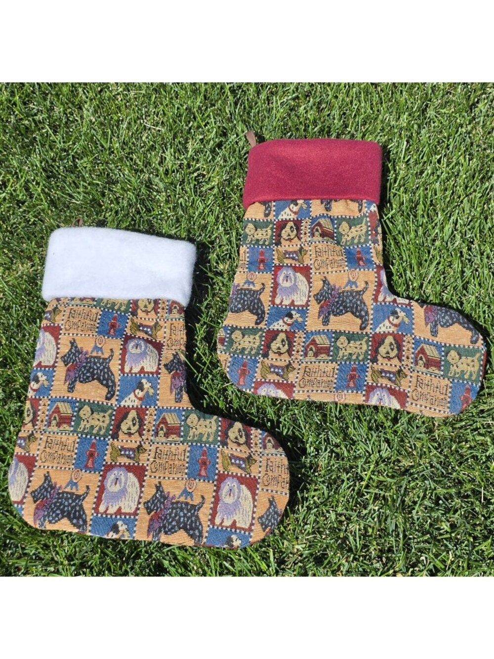 2 Vtg Tapestry Woven Dogs Puppies Stockings Christmas 16" Felt